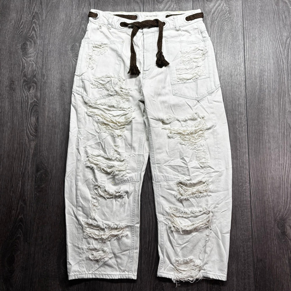 We The Free Free People White Distressed 28 Barrel Jeans Rope Belt Grommet